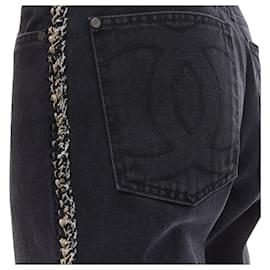Chanel-Chanel washed denim braided tweed trim CC pocket cropped jeans-Black