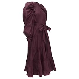 Ulla Johnson-Ulla Johnson cotton bow belt balloon sleeves midi dress-Red,Dark red