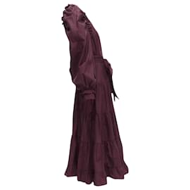 Ulla Johnson-Ulla Johnson cotton bow belt balloon sleeves midi dress-Red,Dark red