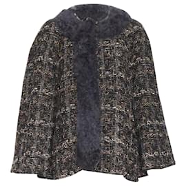 Dolce & Gabbana-Dolce & Gabbana wool tweed shearling fur trimmed cape poncho jacket-Brown