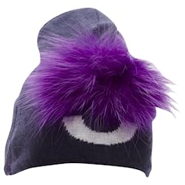 Fendi-Fendi Monster Bug Eye fur trim beanie hat-Blue,Navy blue