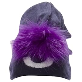 Fendi-Fendi Monster Bug Eye fur trim beanie hat-Blue,Navy blue