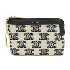 Céline-Celine Triomphe Coin and Card Pouch with Keychain-Black,Eggshell