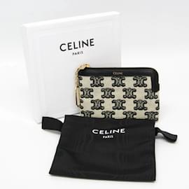 Céline-Celine Triomphe Coin and Card Pouch with Keychain-Black,Eggshell
