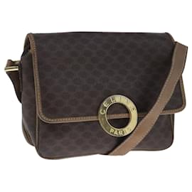 Céline-CELINE Macadam Canvas Shoulder Bag PVC Leather Brown Gold Auth 103932-Brown,Golden