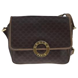 Céline-CELINE Macadam Canvas Shoulder Bag PVC Leather Brown Gold Auth 103932-Brown,Golden
