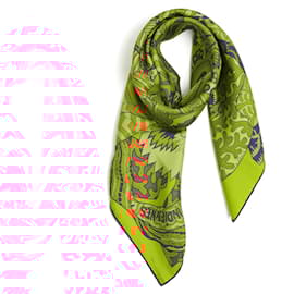 Hermès-Hermès 2011 Square Scarf 90 Indian Flowers Lime red blue Silk Scarf Hermes-Orange