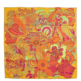 Hermès-Hermès 2011 Square Scarf 90 Indian Flowers Lime red blue Silk Scarf Hermes-Orange