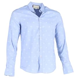 Gucci- Gucci Bee Print Long Sleeve Shirt in Blue Cotton-Blue,Light blue