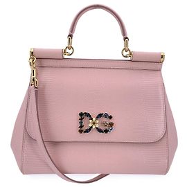 Dolce & Gabbana Bolsa satchel Sicily em couro rosa com logo de cristal médio Rosa