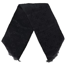 Louis Vuitton-Cachecol com franjas Monogram Louis Vuitton em lã preta-Preto