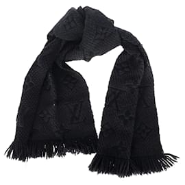 Louis Vuitton- Louis Vuitton Monogram Fringed Scarf in Black Wool-Black