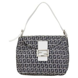 Fendi Zucchino Canvas Leather Shoulder Bag 8BR004 White
