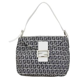 Fendi-Fendi Zucchino Canvas Leather Shoulder Bag 8BR004-White