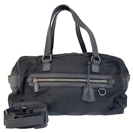 Prada-Prada Nylon Leather Triangle Logo Boston Bag-Black