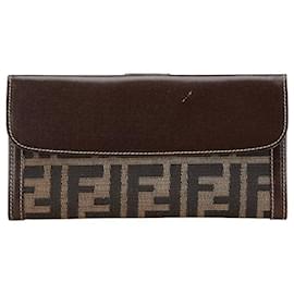 Fendi-Fendi Zucca Canvas Leather Long Wallet 01339-Brown