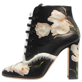 Dolce & Gabbana-Black floral printed ankle boots - size EU 38-Black