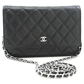 Chanel-CHANEL Grained Calfskin Wallet On Chain WOC Black Shoulder Bag-Black