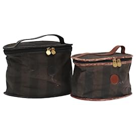 Fendi-FENDI Pecan Canvas Vanity Pouch 2Set Black Brown Auth bs20764-Brown,Black