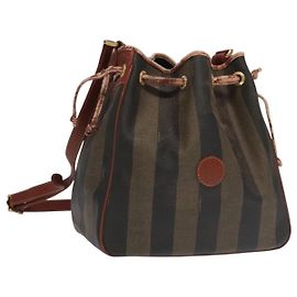 FENDI Pecan Canvas Shoulder Bag Brown Black Gold Auth 102701 Brown Black Golden