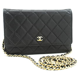 Chanel-CHANEL Grained Calfskin Wallet On Chain WOC Black Shoulder Bag-Black