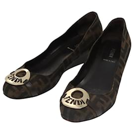 Fendi-FENDI Zucca Canvas Pumps 37 pumps Brown Black Gold Auth yk16020-Brown,Black,Golden