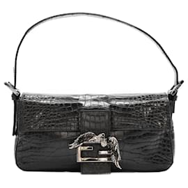Fendi-Fendi Fibbia à Double F en Cuir de Crocodile Baguette-Noir