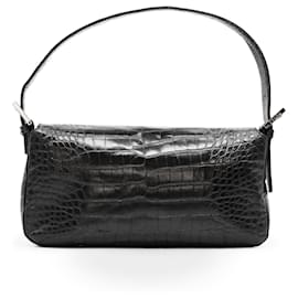 Fendi-Fendi Fibbia à Double F en Cuir de Crocodile Baguette-Noir