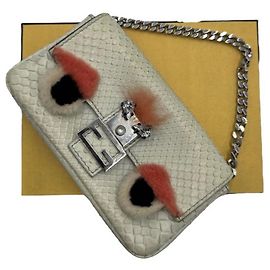 Fendi Micro-baguette de pitón y piel Eggshell Blanco roto