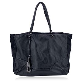 Fay Black Soft Leather and Nylon Canvas Tote Shoulder Bag Black