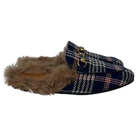 Gucci- Gucci Princetown Plaid Fur Trim Mules in Blue Canvas-Blue