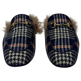 Gucci- Gucci Princetown Plaid Fur Trim Mules in Blue Canvas-Blue