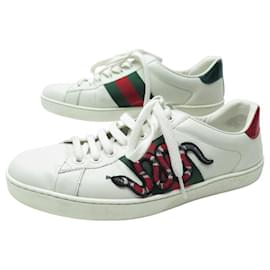 Gucci-GUCCI ACE EMBROIDERED SNAKES SNEAKERS 456230 7 41 LEATHER SHOES-White