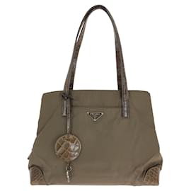 Prada-Prada Nylon Leather Tote Shoulder Bag-Brown