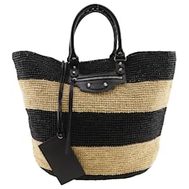 Balenciaga-Balenciaga Raffia Basket Handbag Black/Beige-Black