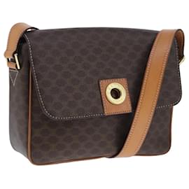 Céline-CELINE Macadam Canvas Shoulder Bag PVC Leather Brown Gold Auth 104590-Brown,Golden