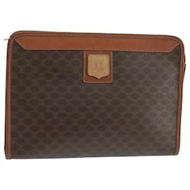 Céline-CELINE Macadam Canvas Clutch Bag PVC Leather Brown Gold Auth 106229-Brown,Golden