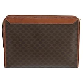 Céline-CELINE Macadam Canvas Clutch Bag PVC Leather Brown Gold Auth 106229-Brown,Golden