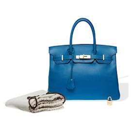 Hermès-HERMES Birkin 30 Bag in Blue Leather - 102336-Blue
