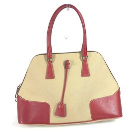 Prada BN0081 Bicolor Triangle Plate Handbag Red Beige