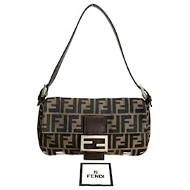 Fendi-Fendi Mamma Baguette Zucca Canvas Leather Shoulder Bag-Brown