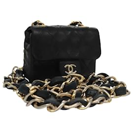 Chanel-CHANEL Mini Mini Matelassé Sac Ceinture Chaîne Cuir d'Agneau Noir Or CC Auth 104616-Noir,Doré