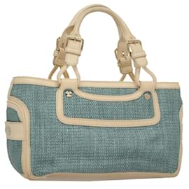 Céline-CELINE Hand Bag Straw Leather Blue Cream Gold Auth 103294-Blue,Golden,Cream