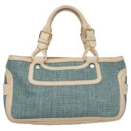 Céline-CELINE Hand Bag Straw Leather Blue Cream Gold Auth 103294-Blue,Golden,Cream