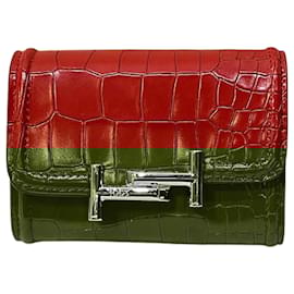 Tod's-Tod's Double T Croc Embossed Compact Wallet-Red