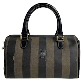 Fendi-Fendi Pequin FF Logo Stripe Leather Mini Boston Bag-Black