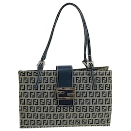 Fendi-FENDI Zucchino Canvas Hand Bag Navy Silver Auth 101922-Silvery,Navy blue