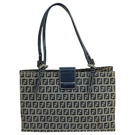 Fendi-FENDI Zucchino Canvas Hand Bag Navy Silver Auth 101922-Silvery,Navy blue