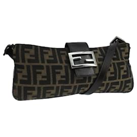 Fendi-FENDI Zucca Canvas Mamma Shoulder Bag Brown Black Gold Auth 105316-Brown,Black,Golden