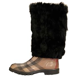 Burberry Nova Check Rubber and Rabbit Fur Boots Black Beige